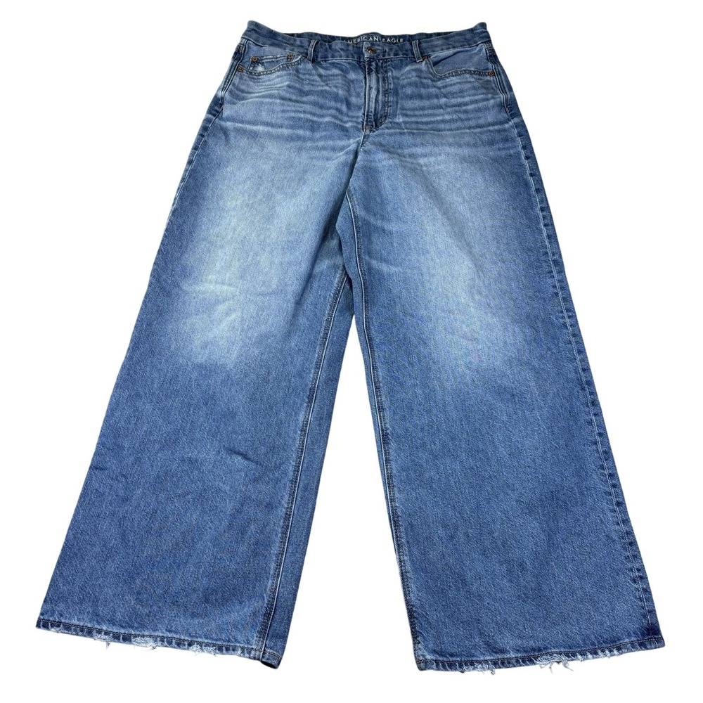 American Eagle Curvy Super High Rise Baggy Straight Jeans Womens 14 Short Blue